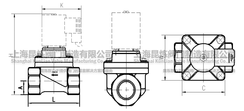UPVC塑料電磁閥螺紋外形結構圖- 上海昆煉閥門制造有限公司 UPVC塑料電磁閥螺紋外形結構圖- 上海昆煉閥門制造有限公司